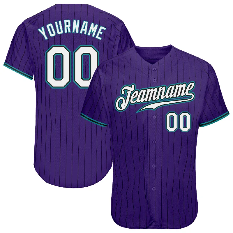 Baseball Jersey with Logo Print-Custom Purple Black Pinstripe White-Teal Authentic Baseball Jersey