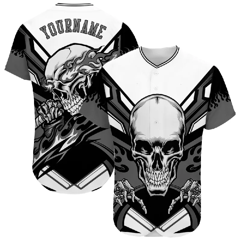 Baseball Jersey for Local League-Custom White Gray-Black 3D Skull Authentic Baseball Jersey