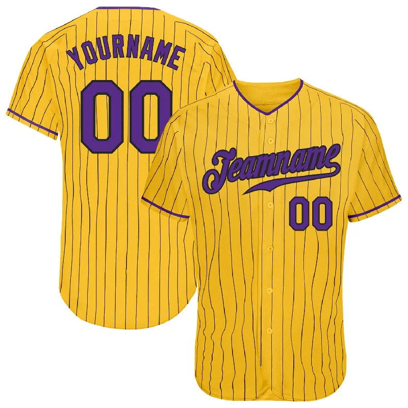 Baseball Jersey with Team Logo-Custom Yellow Black Pinstripe Purple-Black Authentic Baseball Jersey