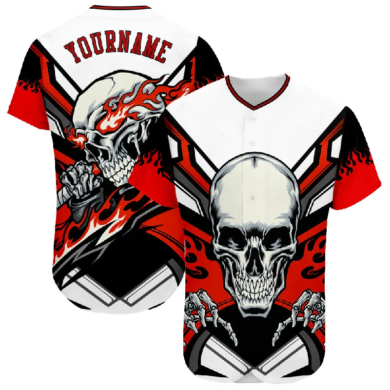 Baseball Jersey with Custom Player Numbers-Custom White Red-Black 3D Skull Authentic Baseball Jersey