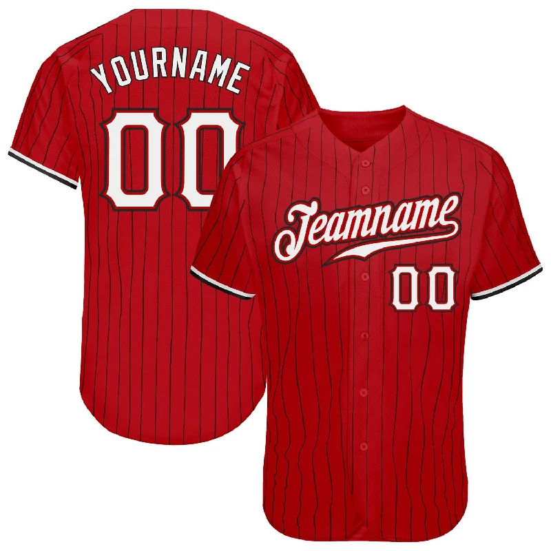 Baseball Jersey with Embellished Logos-Custom Red Black Pinstripe White-Black Authentic Baseball Jersey