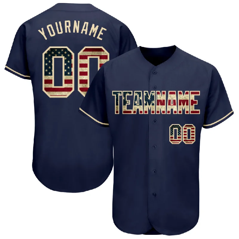 Baseball Jersey with Breathable Fabric-Custom Navy Vintage USA Flag-Cream Authentic Baseball Jersey