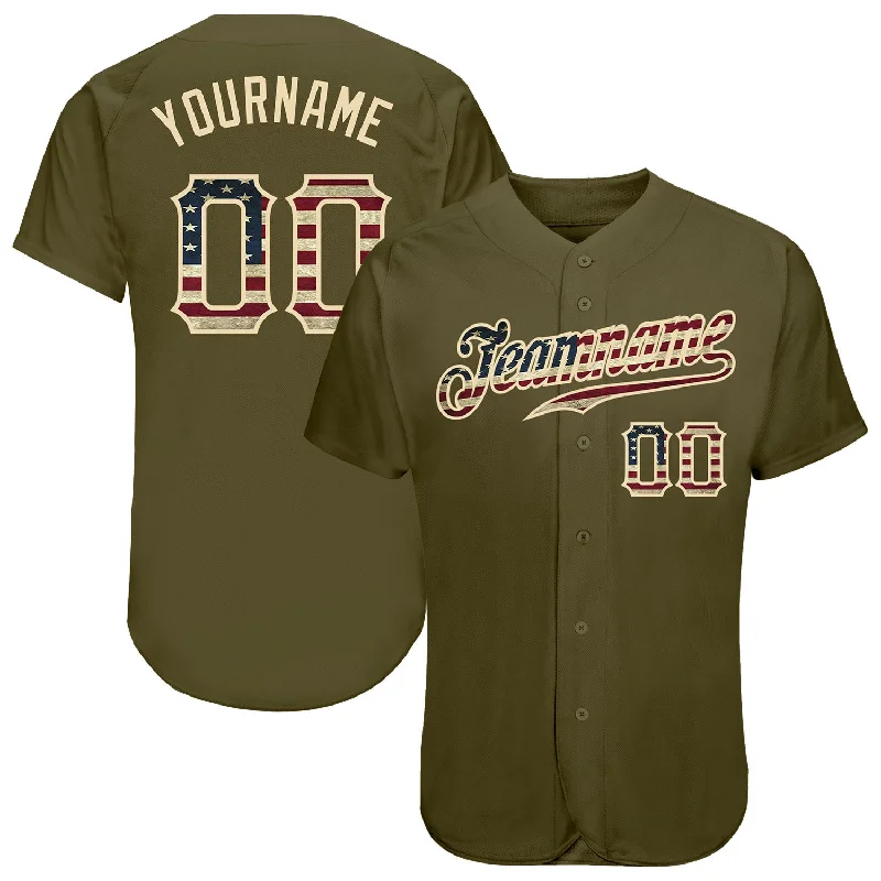 Baseball Jersey with Ribbed Collar-Custom Olive Vintage USA Flag-Cream Authentic Salute To Service Baseball Jersey