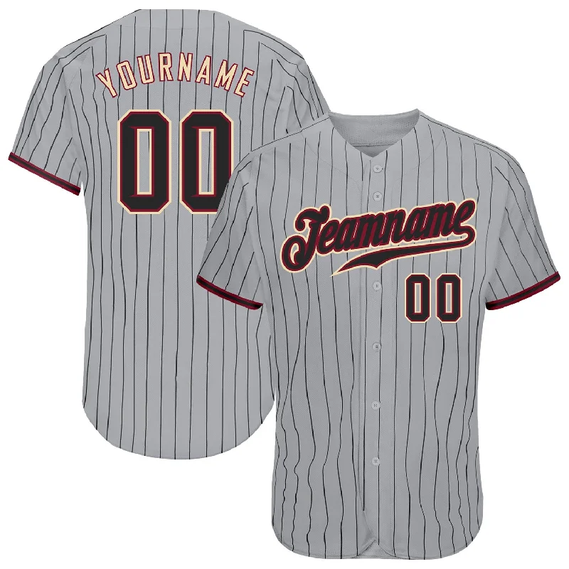 Custom Baseball Jersey with Patches-Custom Gray Black Pinstripe Black-Crimson Authentic Baseball Jersey