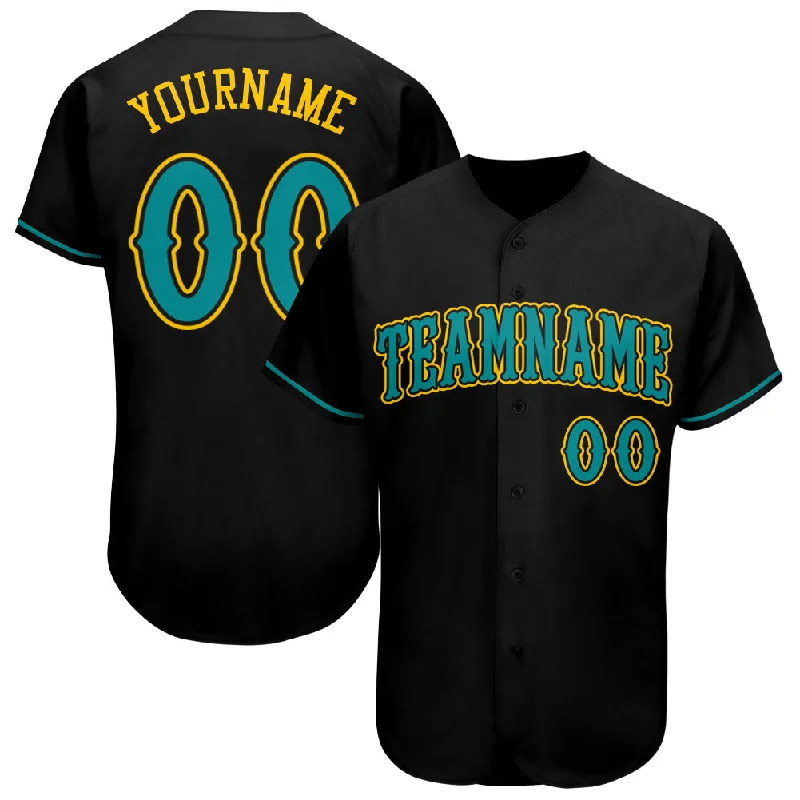 Baseball Jersey with Personalized Patch-Custom Black Teal-Gold Authentic Baseball Jersey