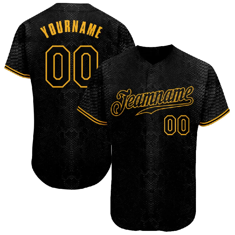 Baseball Jersey for Sports Fanatics-Custom Black Snakeskin Black-Gold 3D Pattern Design Authentic Baseball Jersey