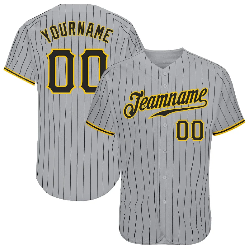 Baseball Jersey with Mesh Sleeves-Custom Gray Black Pinstripe Black-Gold Authentic Baseball Jersey