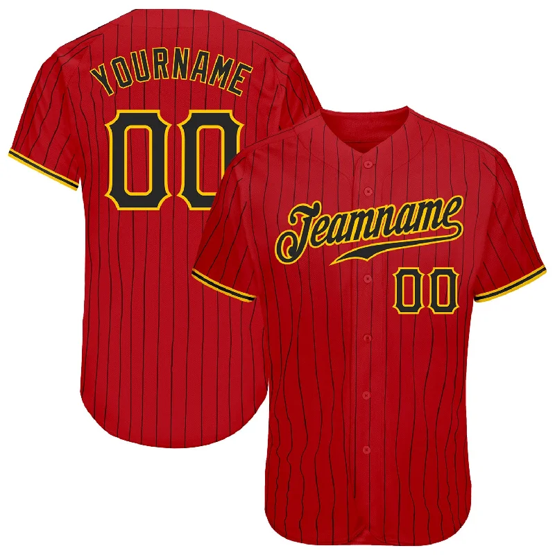 Baseball Jersey for Young Fans-Custom Red Black Pinstripe Black-Gold Authentic Baseball Jersey