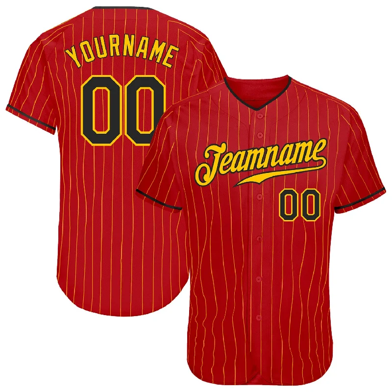 Baseball Jersey with Contrast Panels-Custom Red Gold Pinstripe Black-Gold Authentic Baseball Jersey