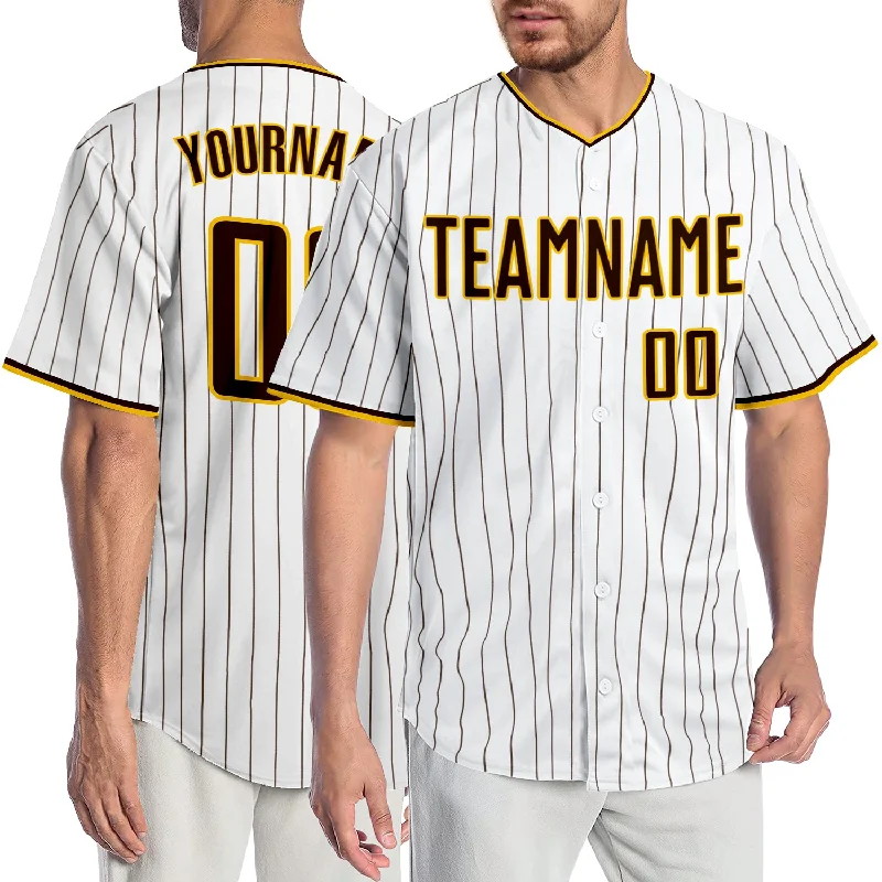 Baseball Jersey with Club Details-Custom White Brown Pinstripe Brown-Gold Authentic Baseball Jersey