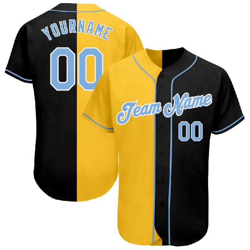 Baseball Jersey with Button Front-Custom Black Light Blue-Yellow Authentic Split Fashion Baseball Jersey