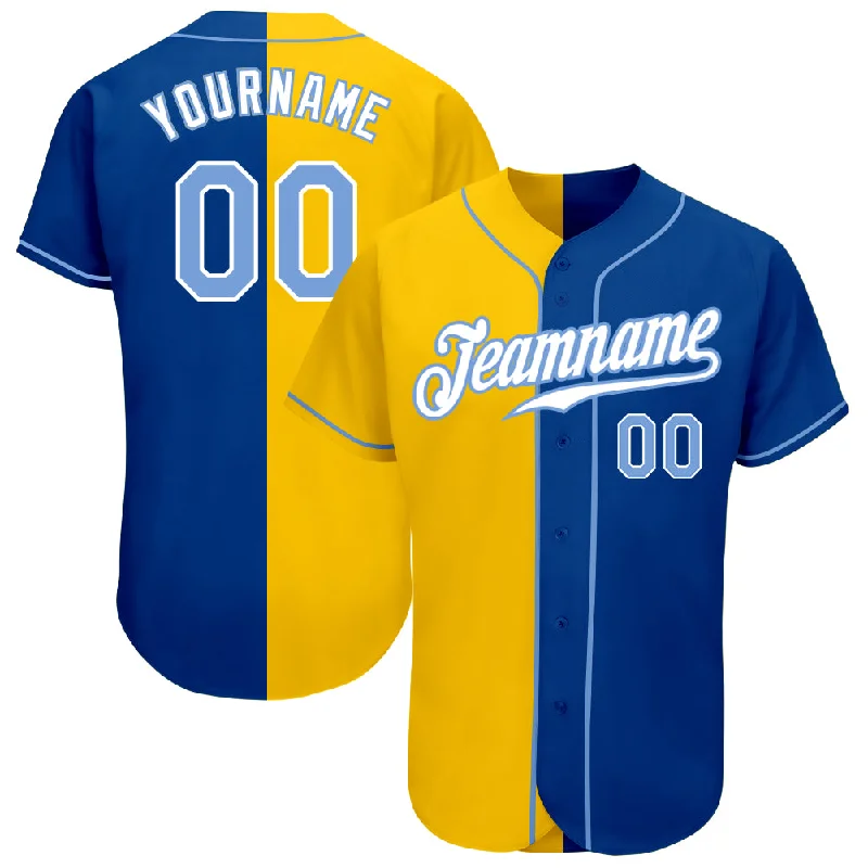 Baseball Jersey with Bold Lettering-Custom Royal Light Blue-Yellow Authentic Split Fashion Baseball Jersey