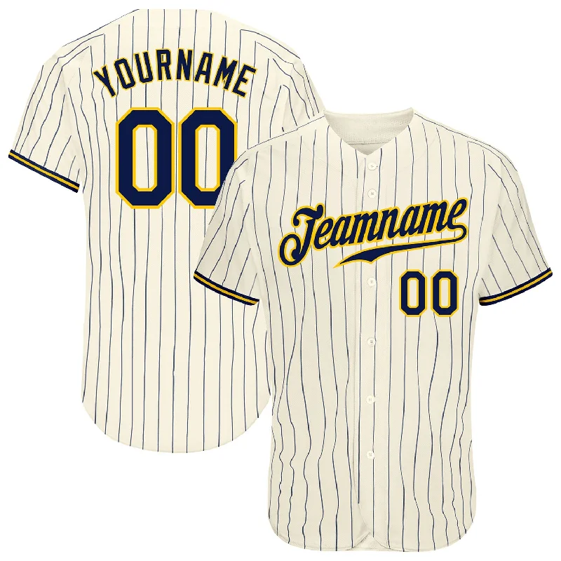 Custom Baseball Jersey with Initials-Custom Cream Navy Pinstripe Navy-Gold Authentic Baseball Jersey