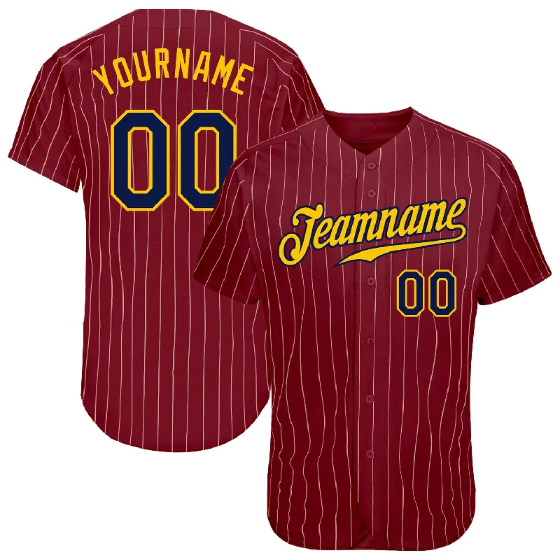 Custom Baseball Jersey with Full Name-Custom Crimson Cream Pinstripe Navy-Gold Authentic Baseball Jersey