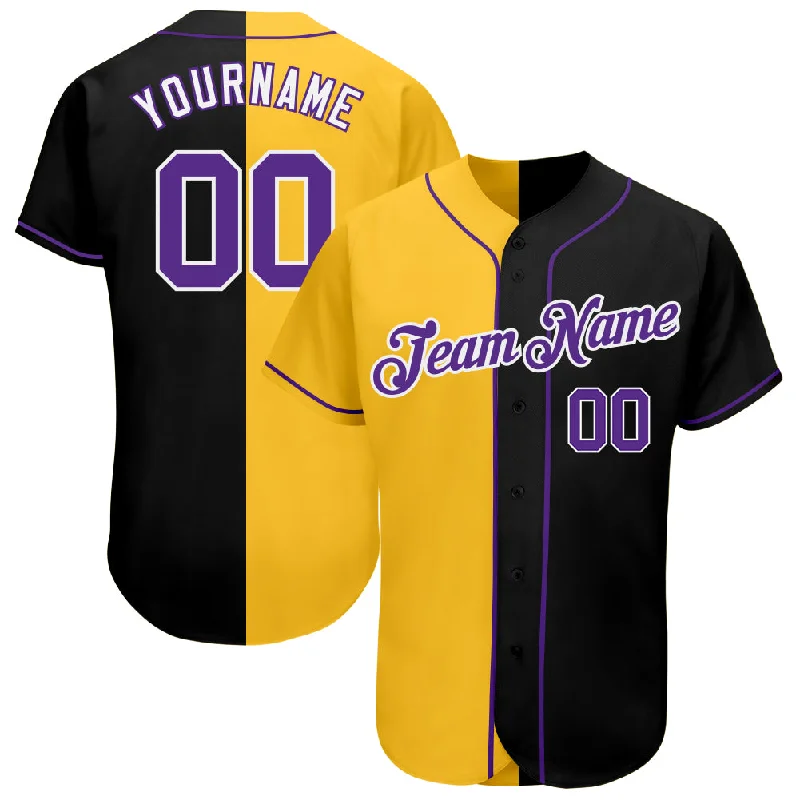 Baseball Jersey for Tournament-Custom Black Purple-Yellow Authentic Split Fashion Baseball Jersey