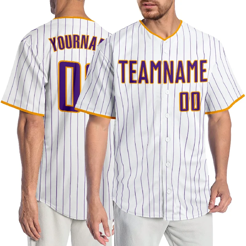 Baseball Jersey for All-Star Teams-Custom White Purple Pinstripe Purple-Gold Authentic Baseball Jersey