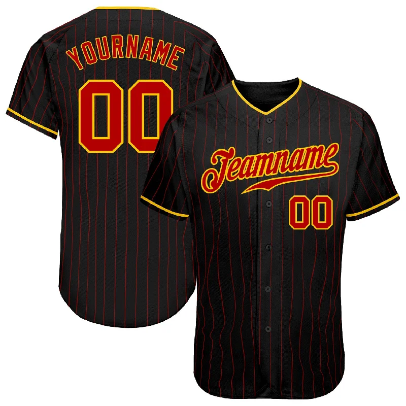 Baseball Jersey for School Events-Custom Black Red Pinstripe Red-Gold Authentic Baseball Jersey