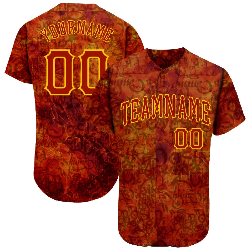 Baseball Jersey for Tournament-Custom Graffiti Pattern Red-Gold 3D Fire Authentic Baseball Jersey