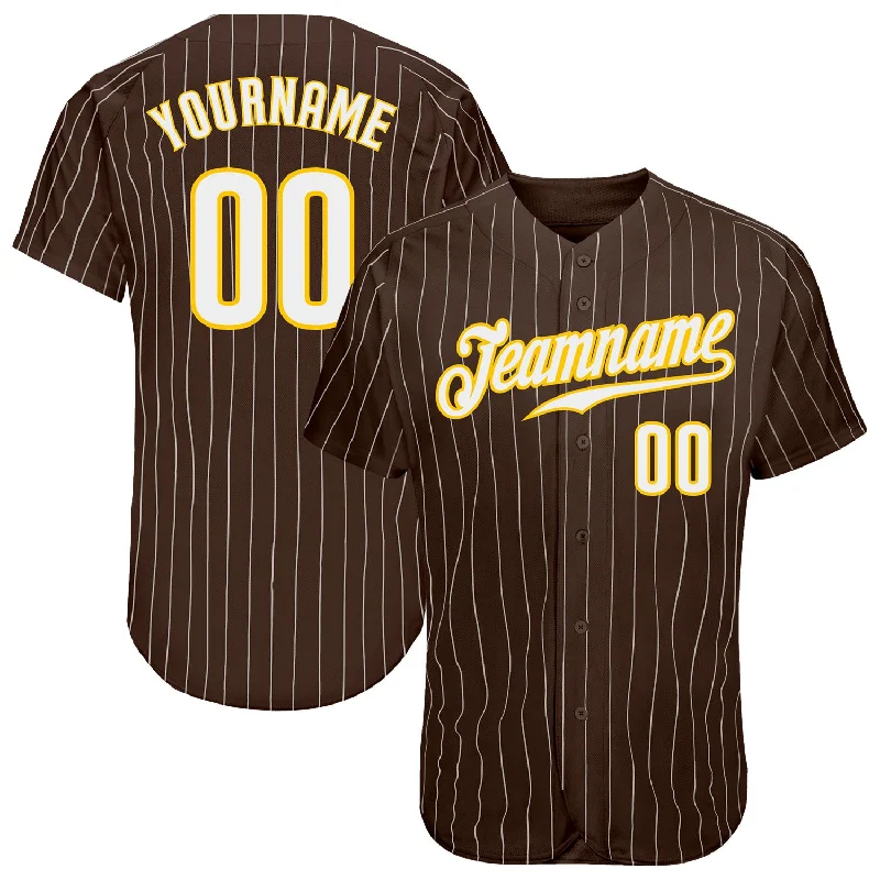 Baseball Jersey with Long Sleeves-Custom Brown White Pinstripe White-Gold Authentic Baseball Jersey