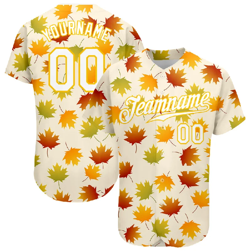 Baseball Jersey for Sports Merchandising-Custom Cream White-Gold 3D Pattern Design Maple Leaf Authentic Baseball Jersey