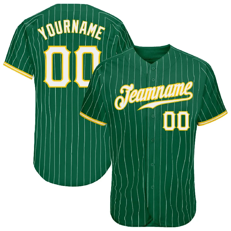 Baseball Jersey for Spring Games-Custom Kelly Green White Pinstripe White-Gold Authentic Baseball Jersey