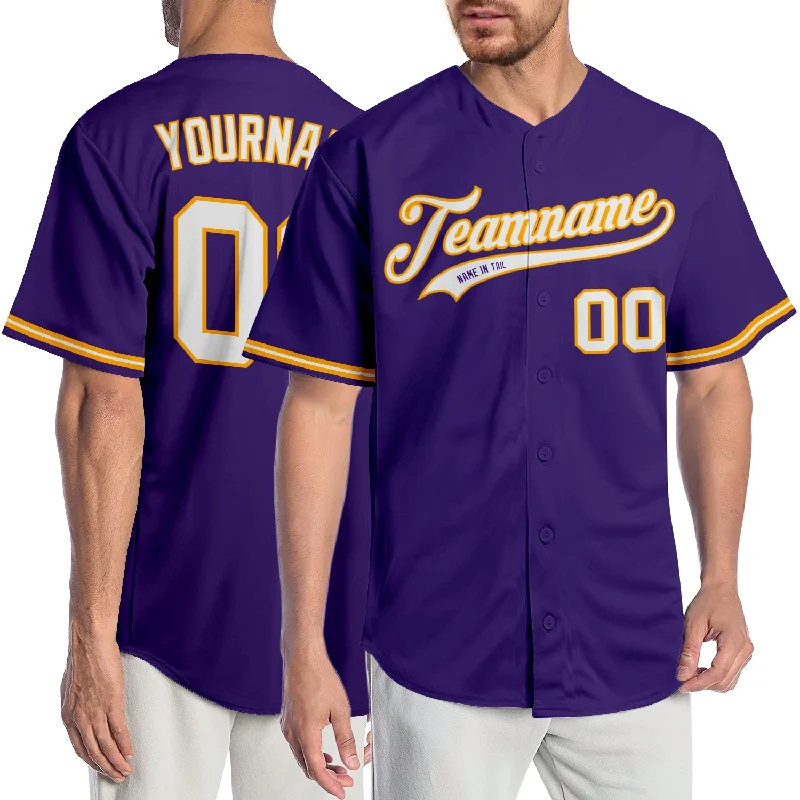 Custom Baseball Jersey with Mesh Panels-Custom Purple White-Gold Authentic Baseball Jersey