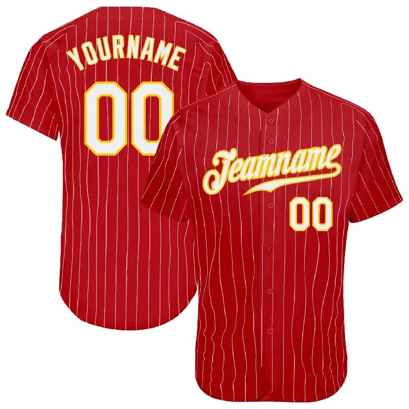 Baseball Jersey for Fan Support-Custom Red Gold Pinstripe White-Gold Authentic Baseball Jersey