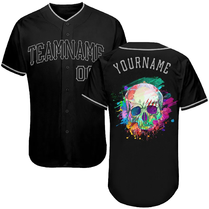 Custom Baseball Jersey with Number-Custom Black Black-Gray Authentic Skull Fashion Baseball Jersey