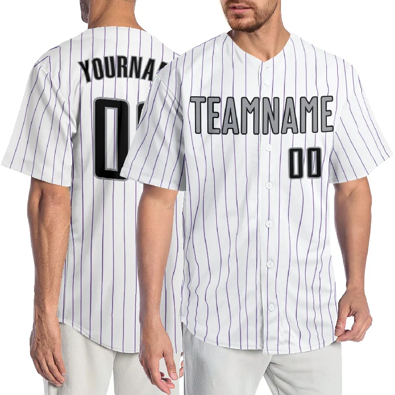 Baseball Jersey with Signature Design-Custom White Purple Pinstripe Black-Gray Authentic Baseball Jersey