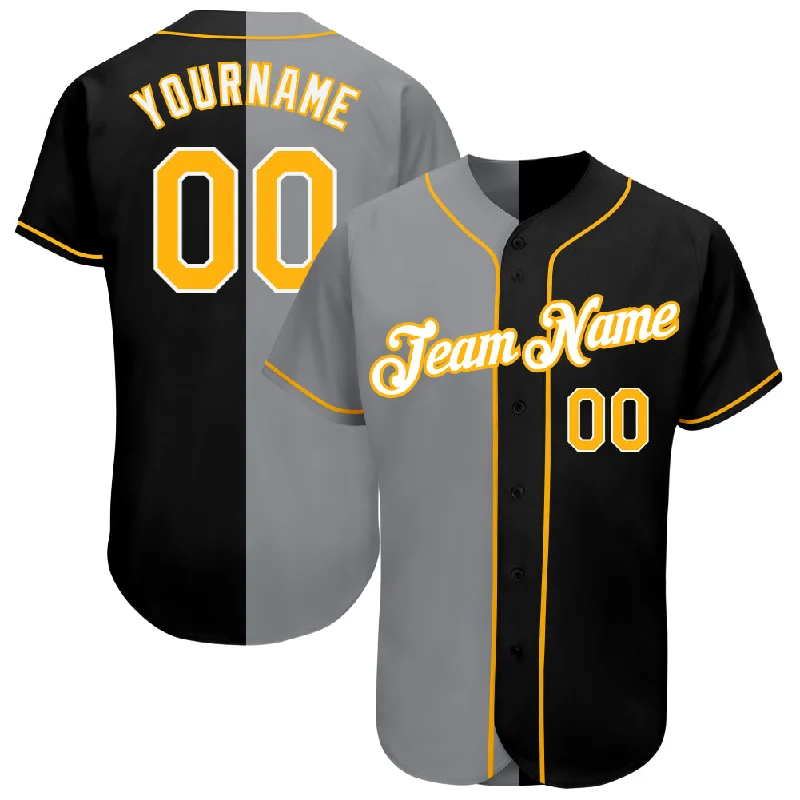 Baseball Jersey with Striped Sleeves-Custom Black Gold-Gray Authentic Split Fashion Baseball Jersey