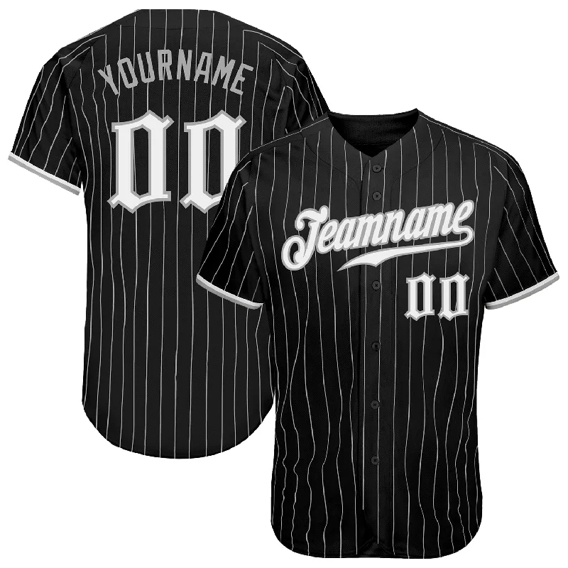 Baseball Jersey with V Neck-Custom Black Gray Pinstripe White-Gray Authentic Baseball Jersey