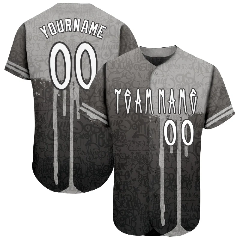 Baseball Jersey with Striped Sleeves-Custom Graffiti Pattern White-Gray 3D Picaxao Authentic Baseball Jersey