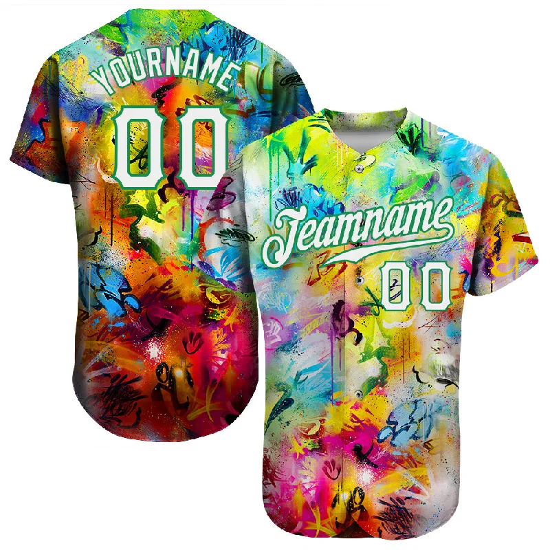 Custom Baseball Jersey with Player Details-Custom Scratch Graffiti Pattern White-Kelly Green 3D Authentic Baseball Jersey