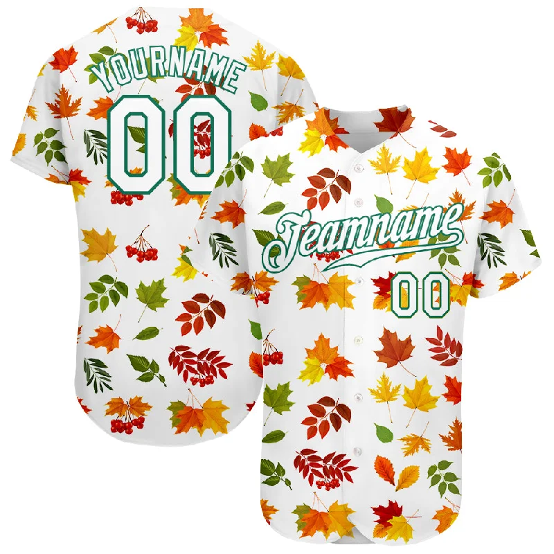 Baseball Jersey for Away Uniforms-Custom White White-Kelly Green 3D Pattern Design Autumn Leaves Authentic Baseball Jersey