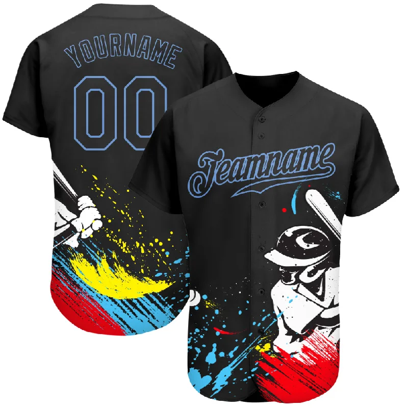 Baseball Jersey with Striped Sleeves-Custom Graffiti Pattern Black-Light Blue 3D Authentic Baseball Jersey