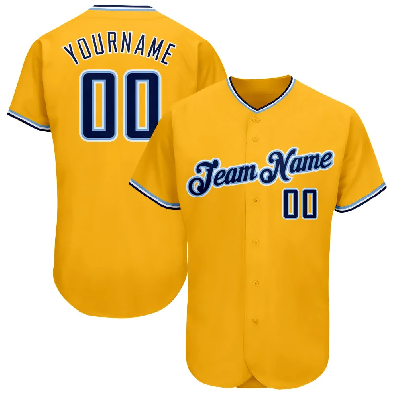 Baseball Jersey with Patch-Custom Gold Navy-Light Blue Authentic Baseball Jersey