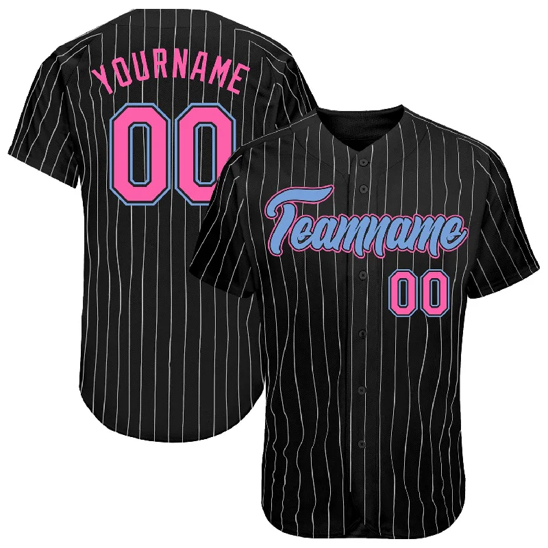 Baseball Jersey for Customized Logo-Custom Black White Pinstripe Pink-Light Blue Authentic Baseball Jersey