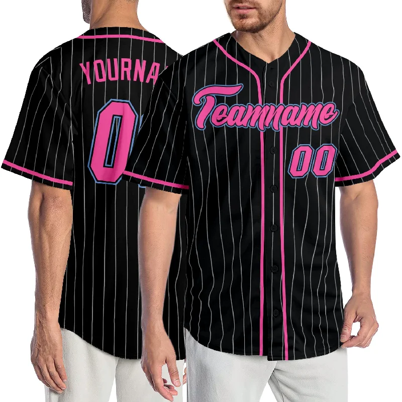 Baseball Jersey with Ribbed Collar-Custom Black White Pinstripe Pink-Light Blue Authentic Baseball Jersey