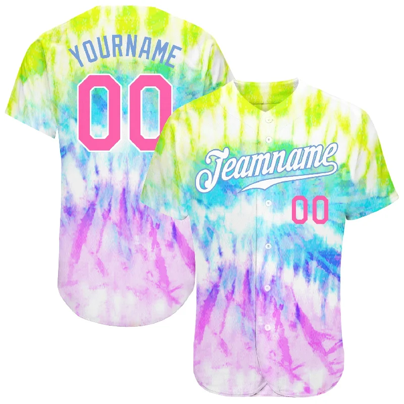 Baseball Jersey for Coaches-Custom Tie Dye Pink-Light Blue 3D Rainbow Authentic Baseball Jersey