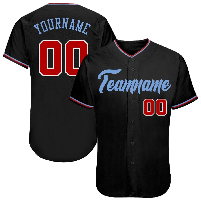 Baseball Jersey with Pockets-Custom Black Red-Light Blue Authentic Baseball Jersey