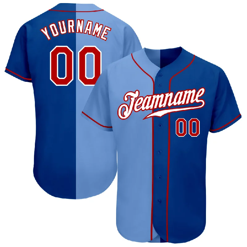 Custom Baseball Jersey with Bold Prints-Custom Royal Red-Light Blue Authentic Split Fashion Baseball Jersey