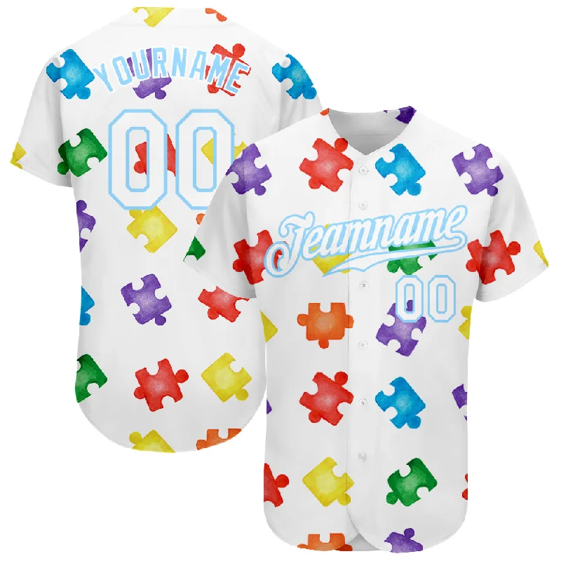 Baseball Jersey for Away Games-Custom Autism Awareness Puzzle Pieces White-Light Blue 3D Authentic Baseball Jersey