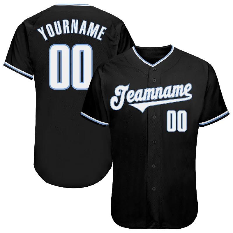 Baseball Jersey with Custom Sleeve Design-Custom Black White-Light Blue Authentic Baseball Jersey