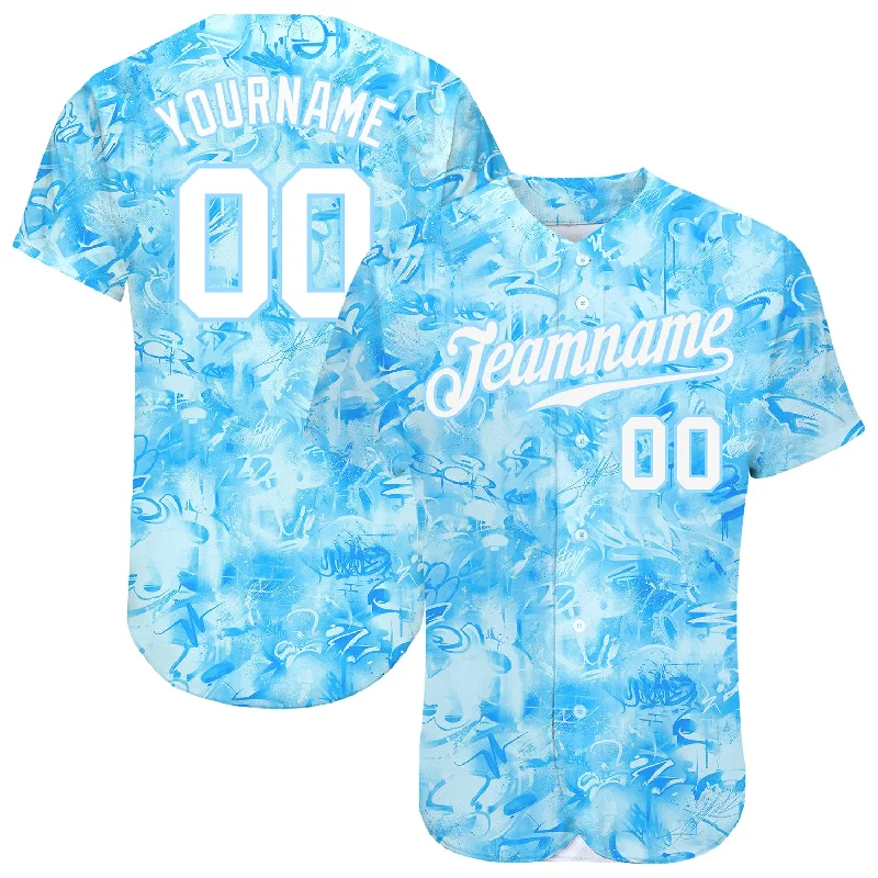 Baseball Jersey for Youth Baseball-Custom Scratch Graffiti Pattern White-Light Blue 3D Authentic Baseball Jersey