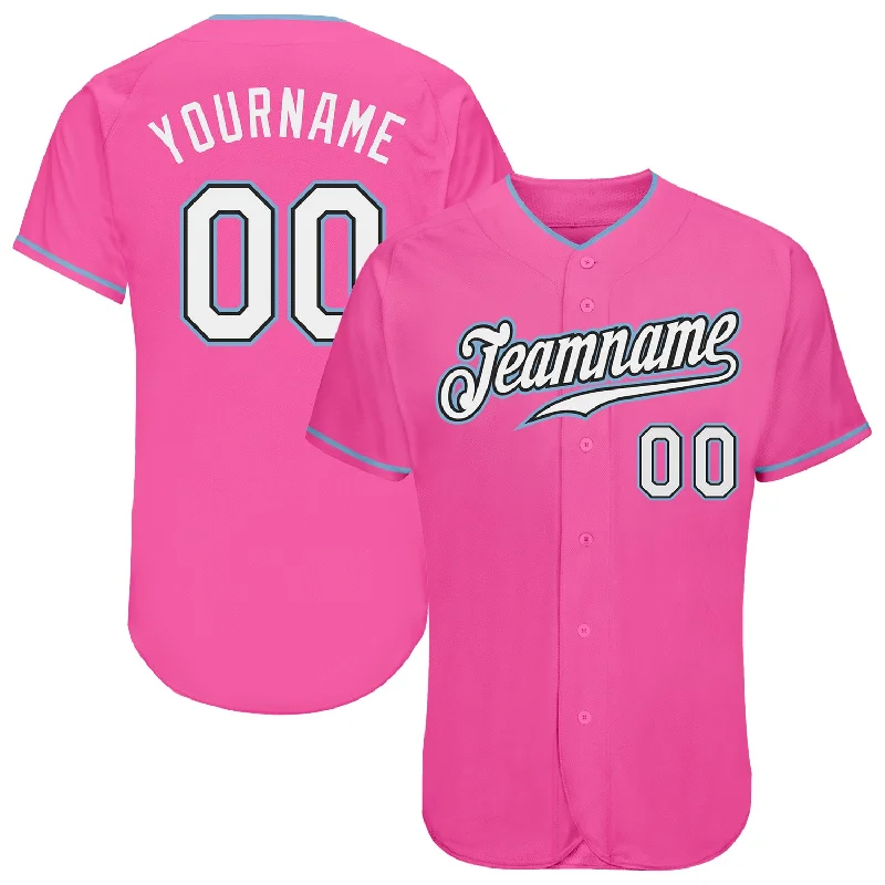 Baseball Jersey with Button Closure-Custom Pink White-Light Blue Authentic Baseball Jersey