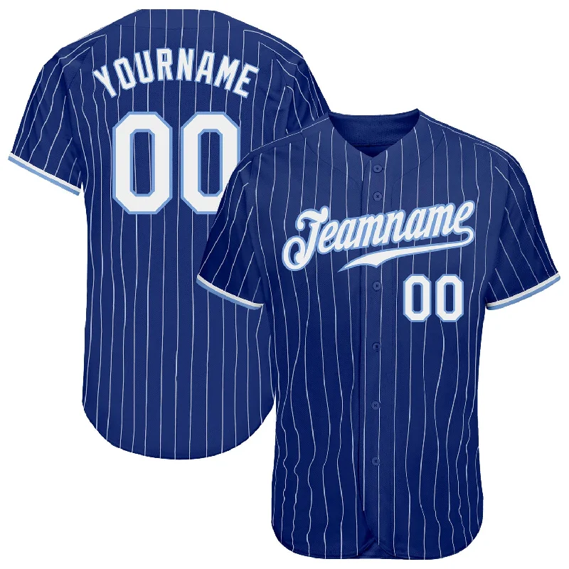 Baseball Jersey with Bold Graphics-Custom Royal White Pinstripe White-Light Blue Authentic Baseball Jersey