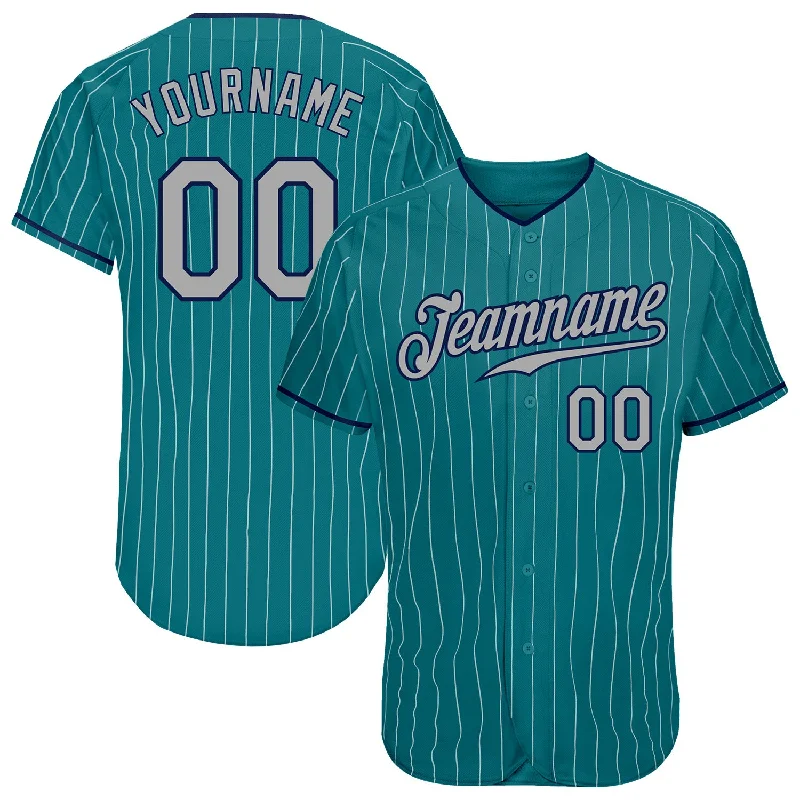 Baseball Jersey with Sleeve Stripes-Custom Teal White Pinstripe Gray-Navy Authentic Baseball Jersey