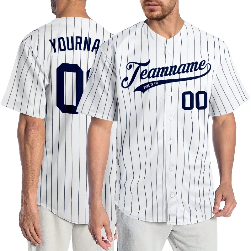 Baseball Jersey with Adjustable Fit-Custom White Navy Pinstripe Navy Authentic Baseball Jersey