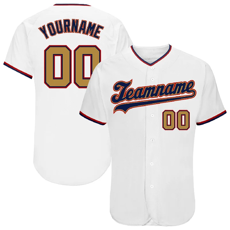 Baseball Jersey with Numbered Sleeves-Custom White Old Gold-Navy Authentic Baseball Jersey