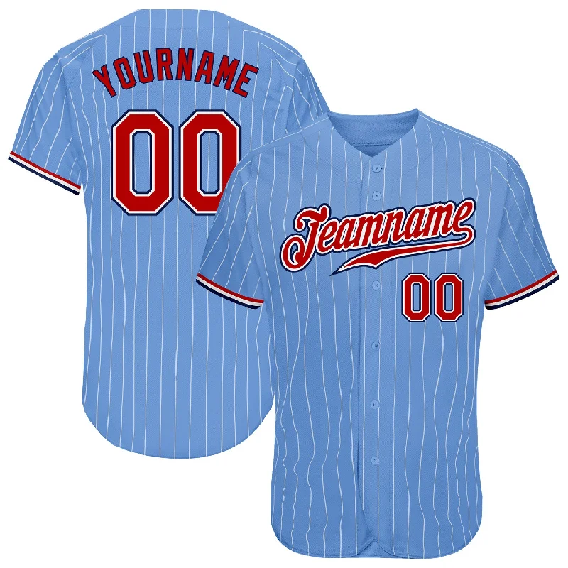 Cool Baseball Jersey-Custom Light Blue White Pinstripe Red-Navy Authentic Baseball Jersey